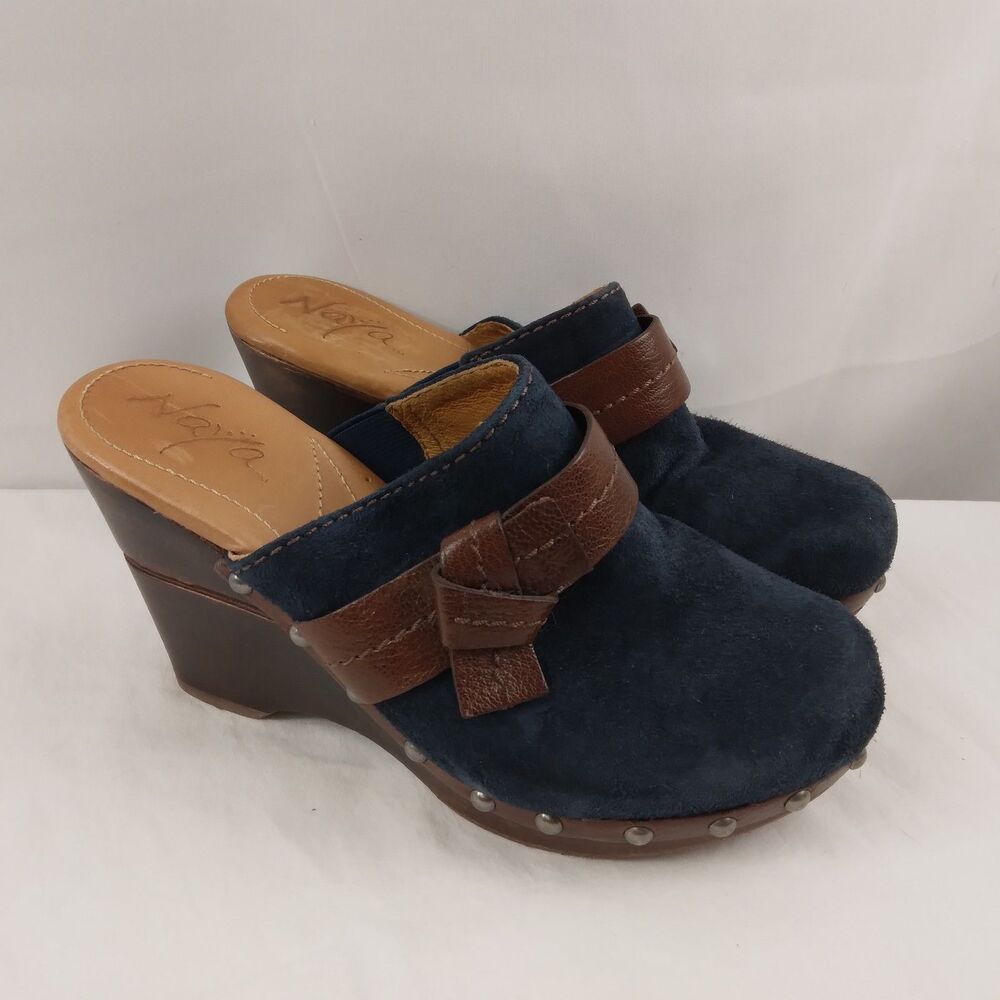 Naya Blue Irina Leather Wedge Clog Mule Studded Wood Heel Boho Women's Size 6M